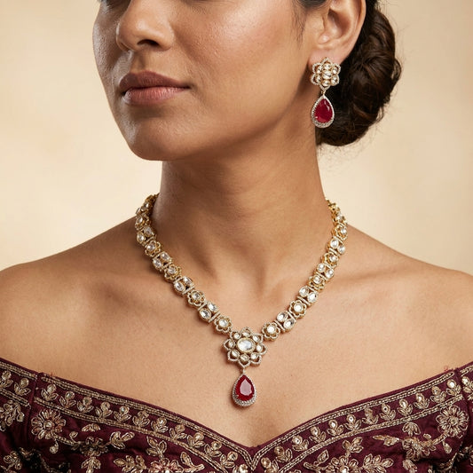 Ruby Red Floral Polki Necklace Set - Model