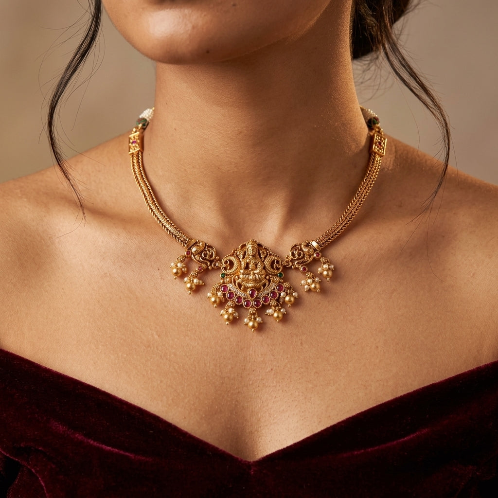Multi Temple Lakshmi Necklace Set - Model