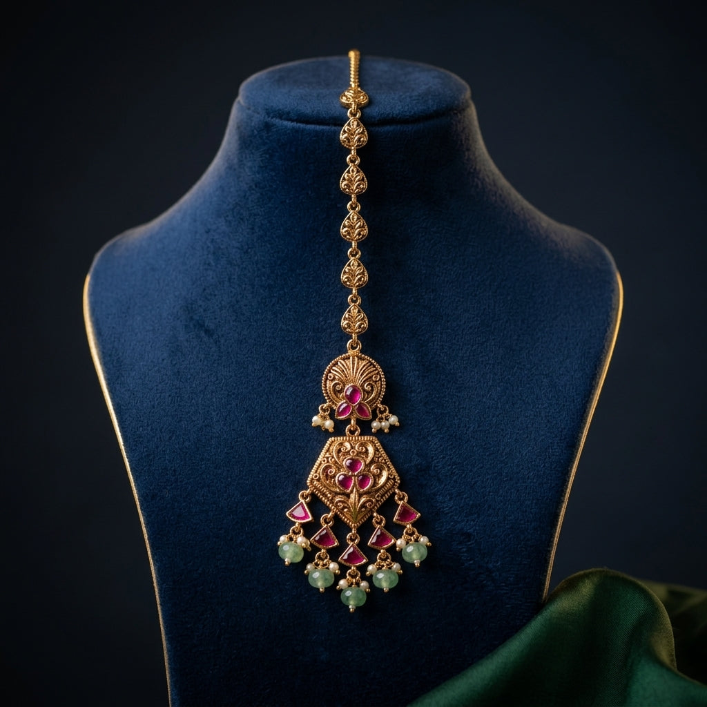 Ruby Intricate Floral Filigree Maang Tikka - Mannequin