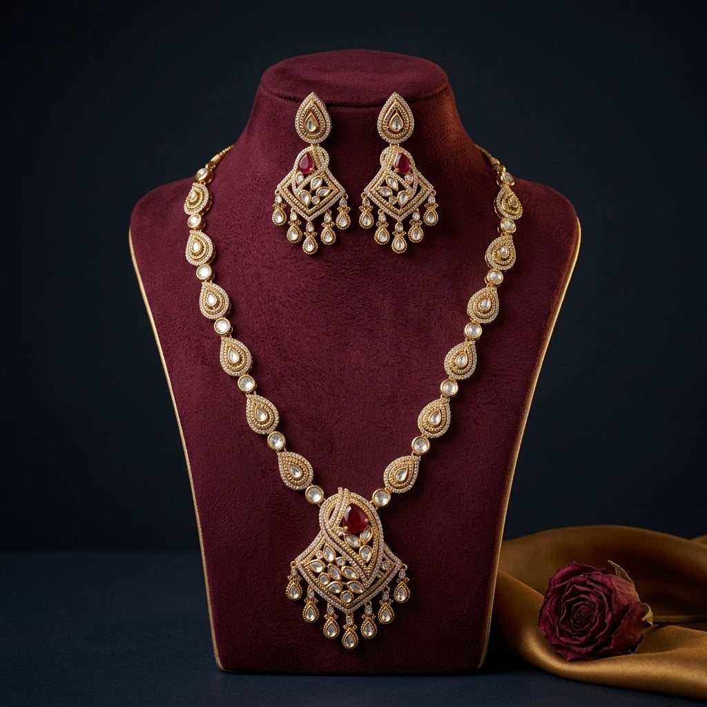 Ruby and White Teardrop Cluster Necklace Set - Mannequin
