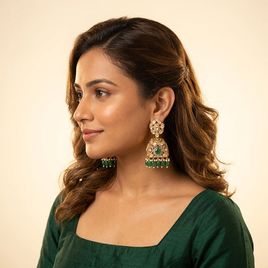 Green Floral Polki Jhumka Pair - Model