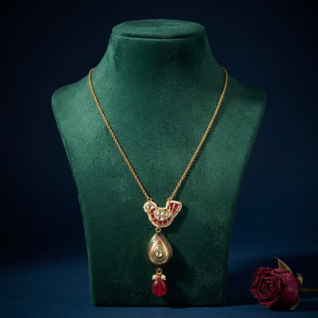 Ruby Green Heritage Kundan Necklace Set - Mannequin