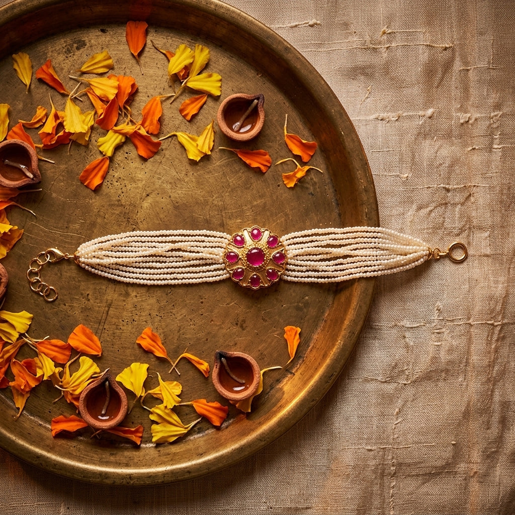 Ruby Kundan Floral Bracelet - Tabletop