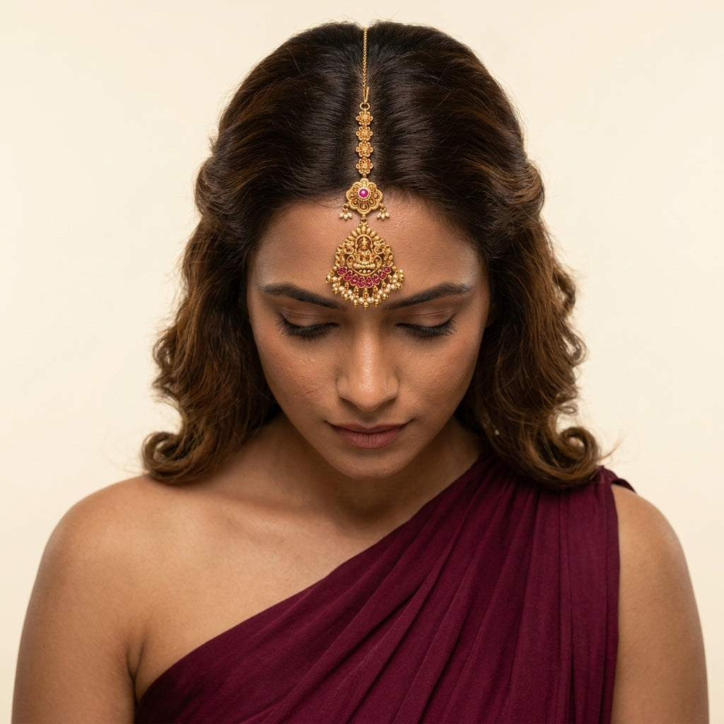 Ruby Temple Floral Maang Tikka - Model