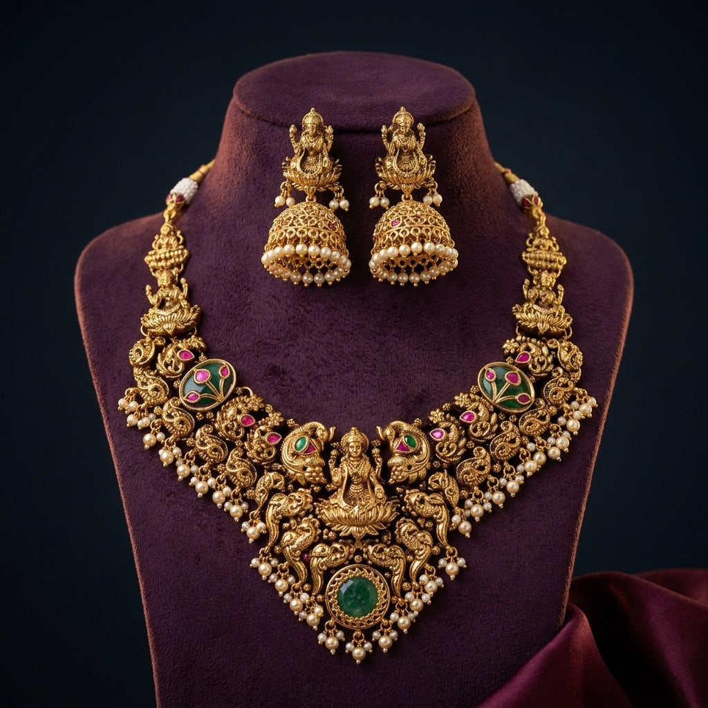 Multi Temple Lakshmi Floral Necklace Set - Mannequin