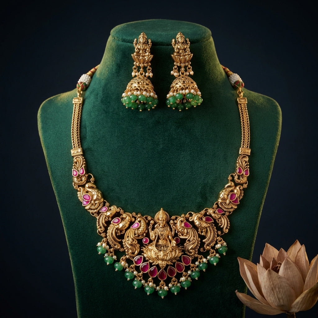 Multi Lakshmi Peacock Temple Necklace Set - Mannequin