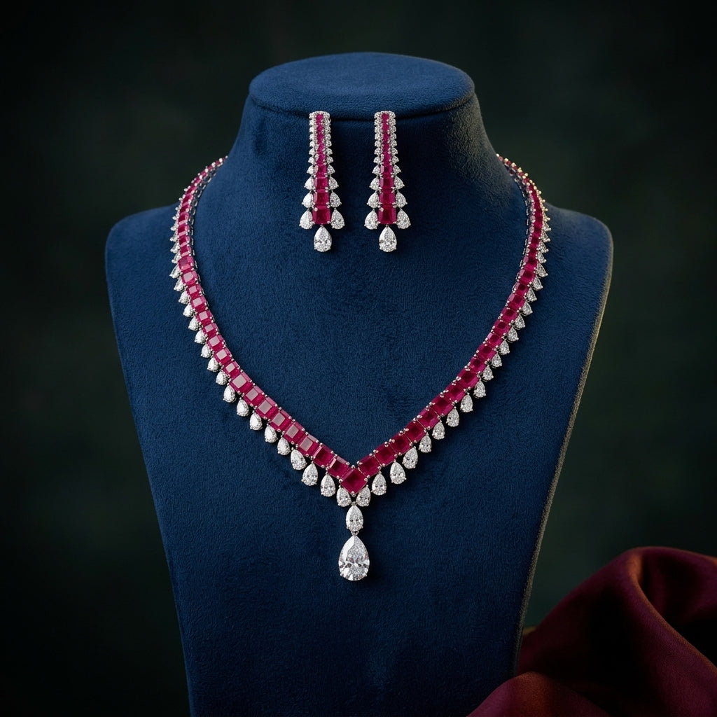 Magenta Geometric V-Drop Necklace Set - Mannequin