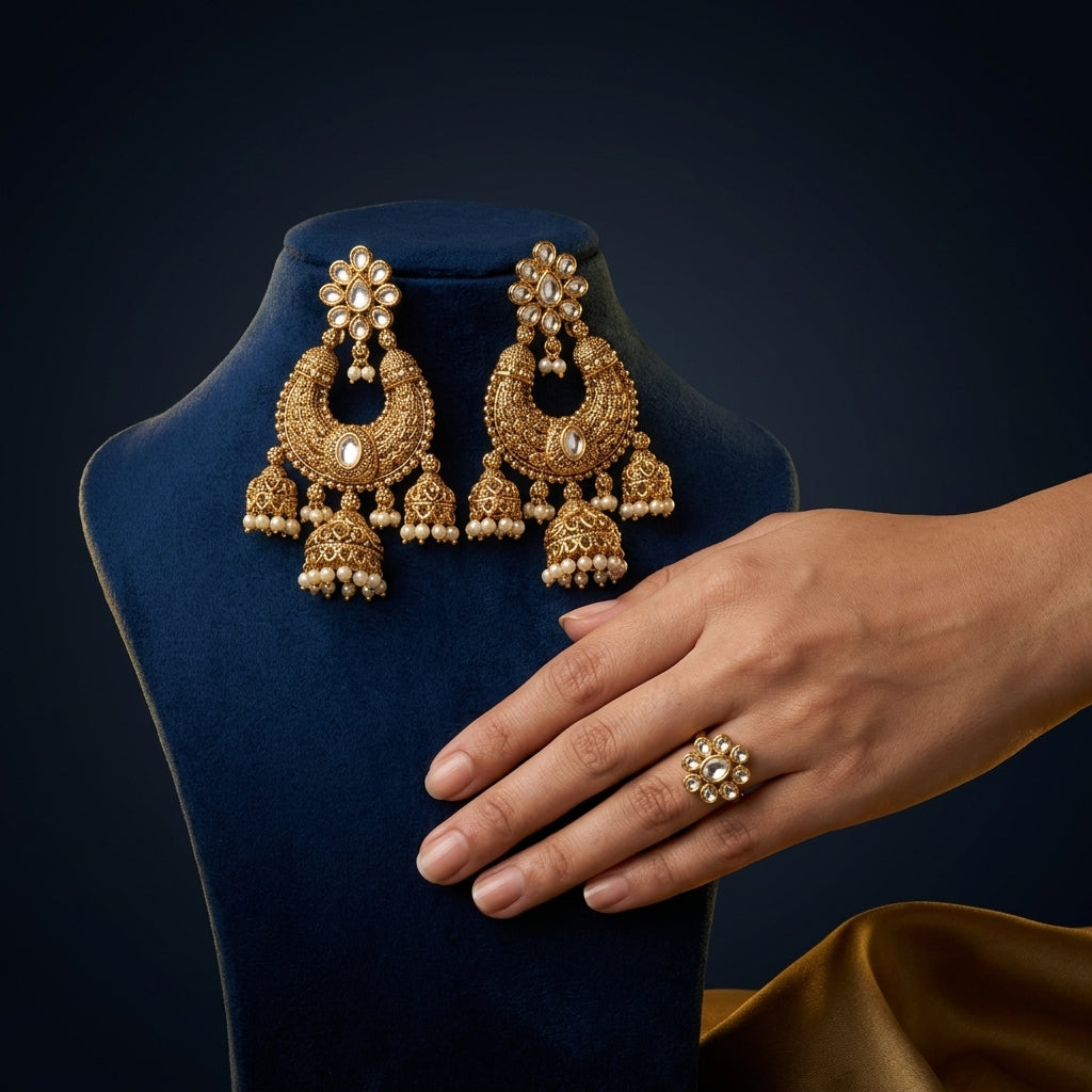 White Floral Chandbali Jhumka Earrings - Mannequin