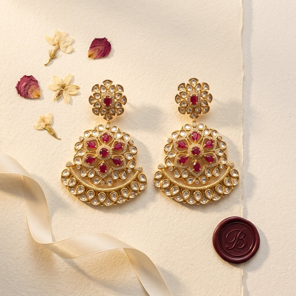 Ruby White Mughal Kundan Chandbali Earrings - Tabletop