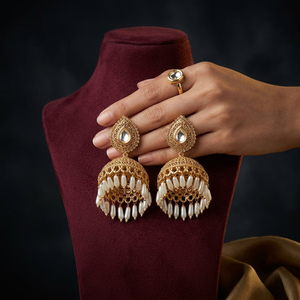 White Teardrop Filigree Jhumka Pair - Mannequin