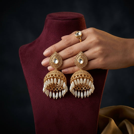 White Teardrop Filigree Jhumka Pair - Mannequin