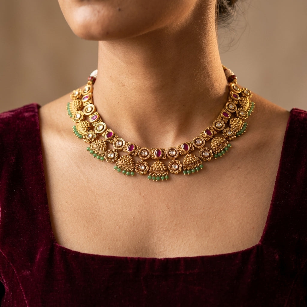 Multi Antique Floral Necklace Set - Model