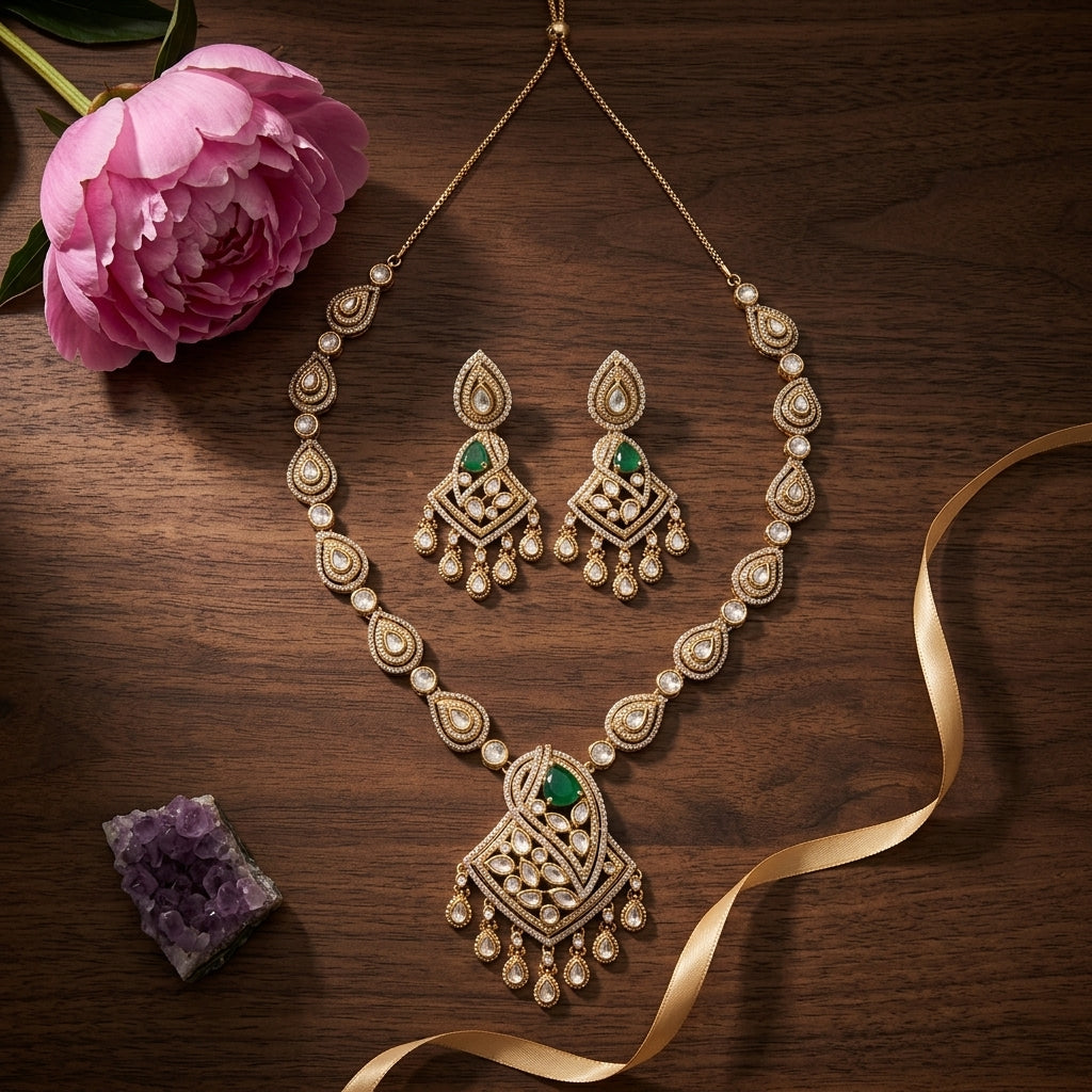 Green White Victorian Teardrop Necklace Set - Tabletop
