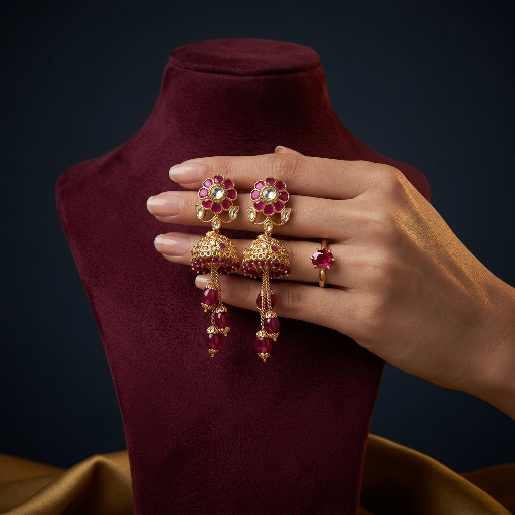 Ruby and Clear Floral Jhumka Earrings - Mannequin
