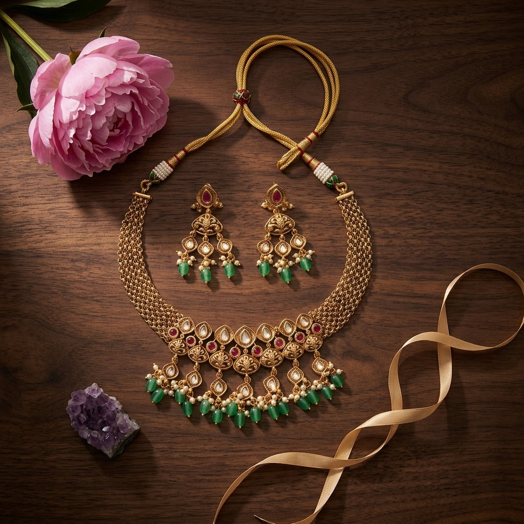Multi Floral Kundan Necklace Set - Tabletop