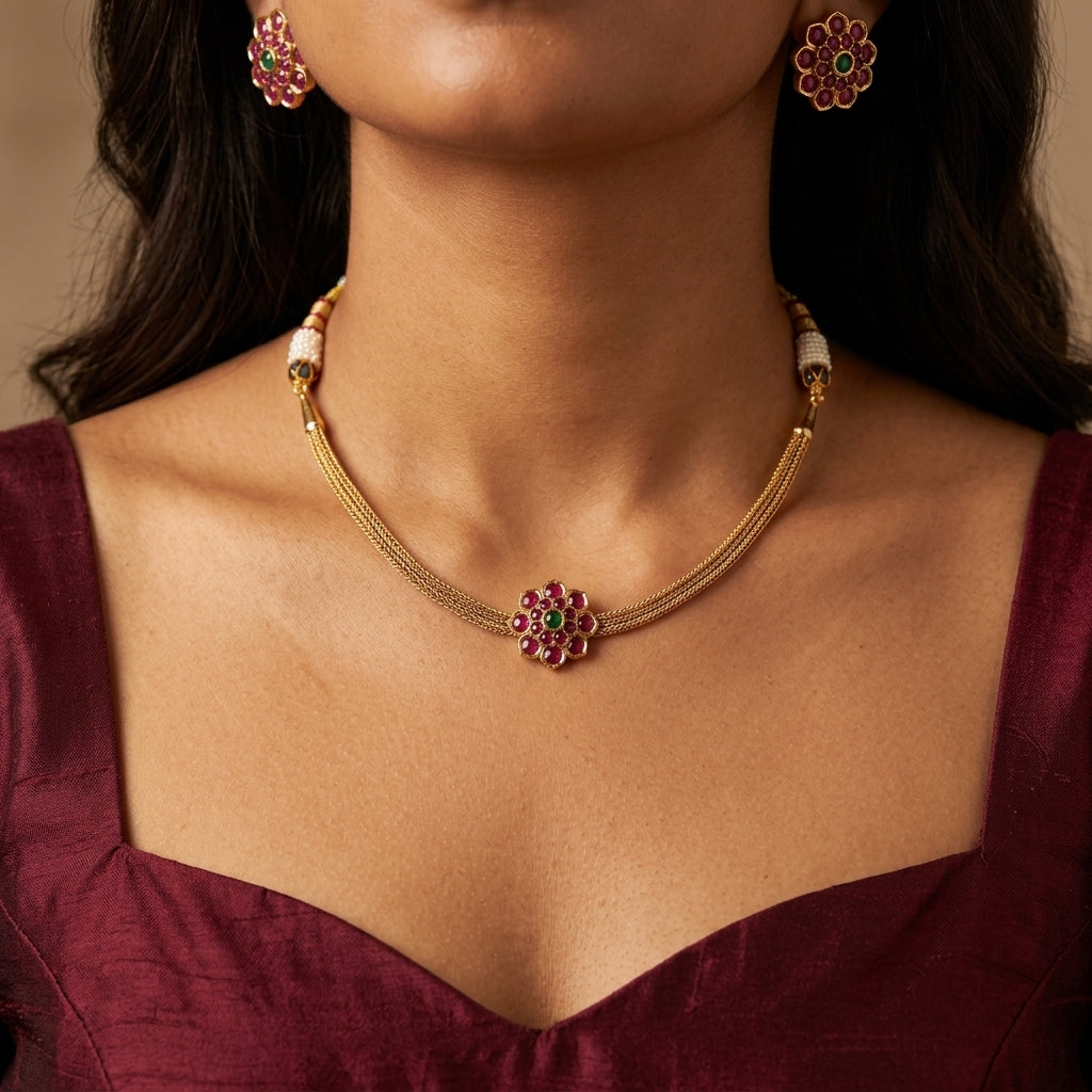 Ruby and Green Floral Cluster Necklace Set - Model