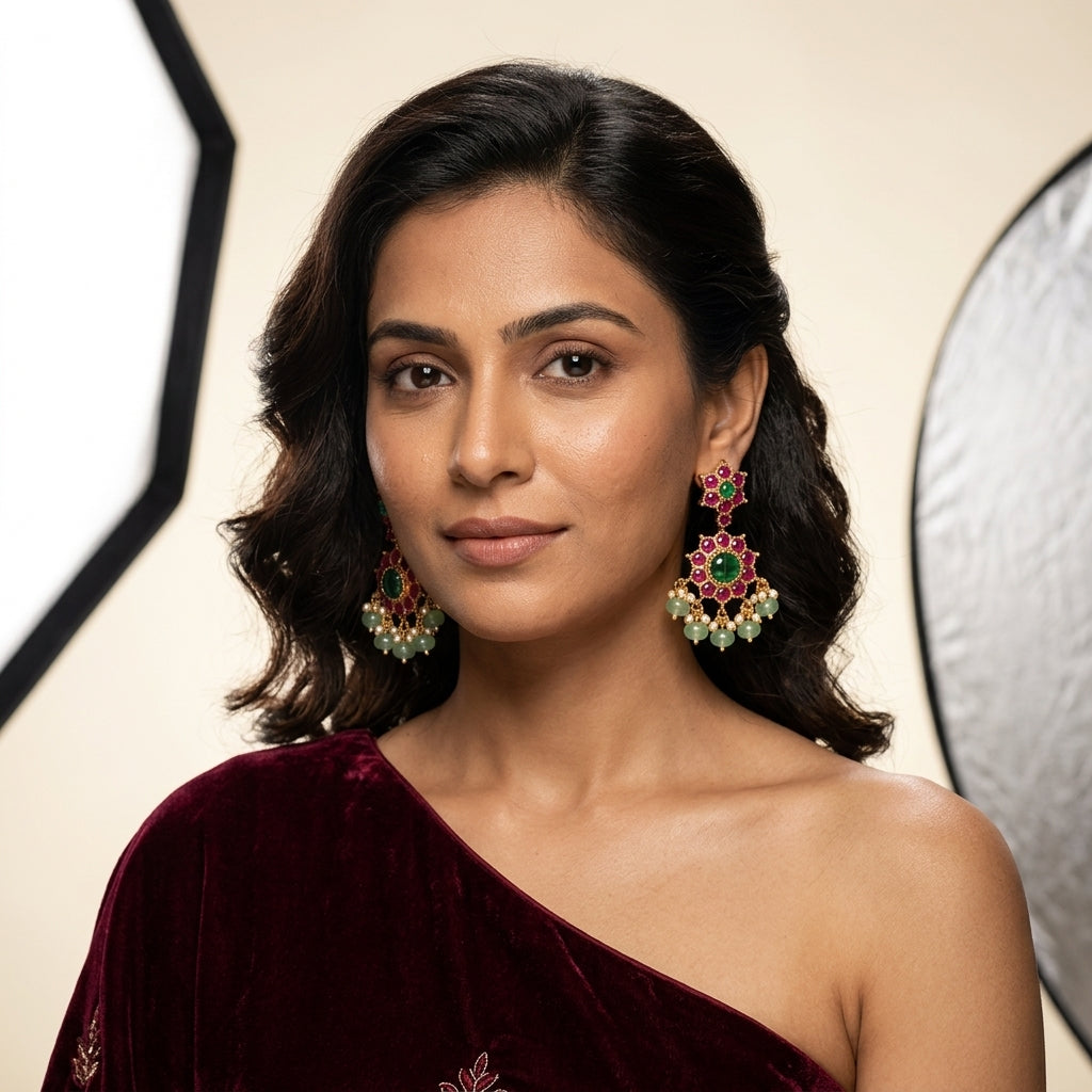 Ruby and Green Floral Cluster Earrings - Model