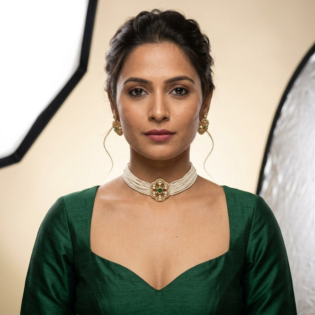 Green Kundan Floral Choker Set - Model