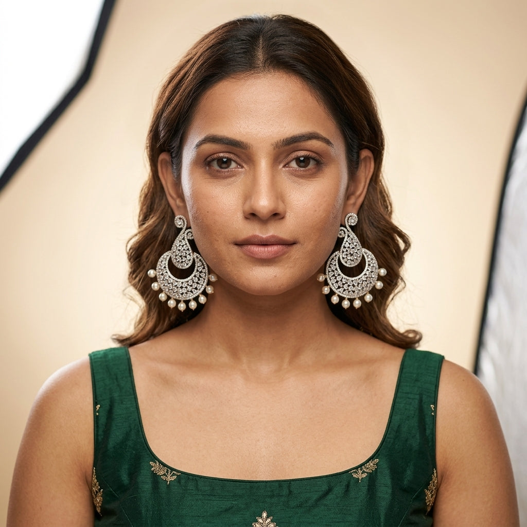Pearl White Mughal Chandbali Earrings - Model