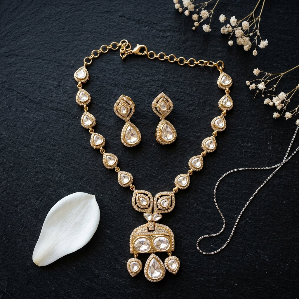White Stylized Teardrop Necklace Set - Tabletop