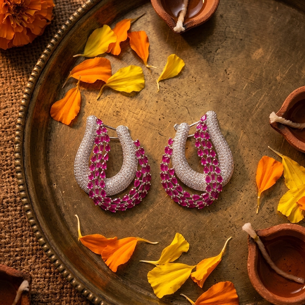 Ruby and Clear Curved Multi-Row Earrings - Tabletop