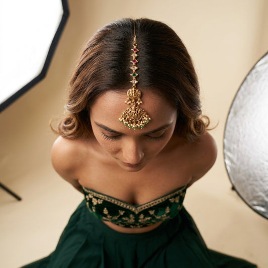 Ruby Green Temple Engraved Maang Tikka - Model