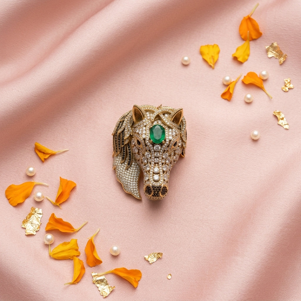 Green and Clear Horse Head Brooch - Tabletop