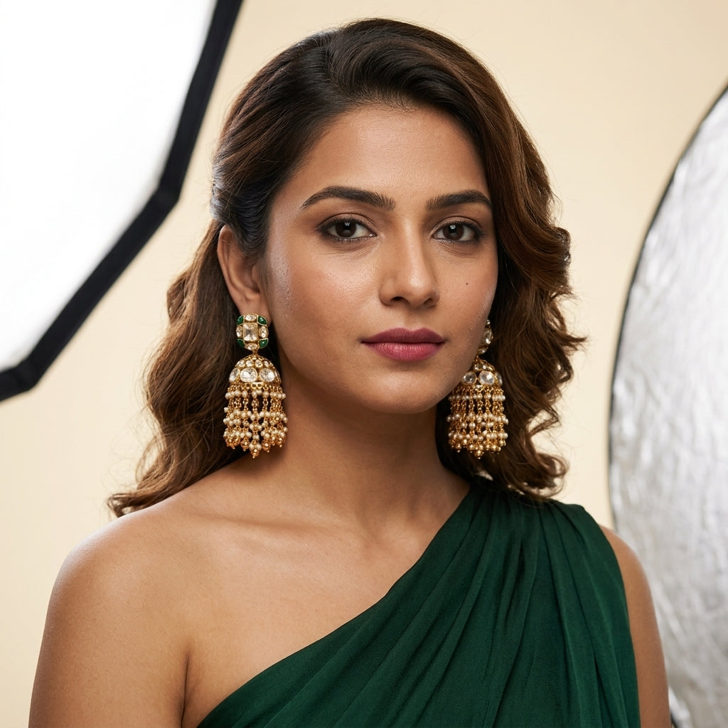 Green Heritage Kundan Jhumka - Model