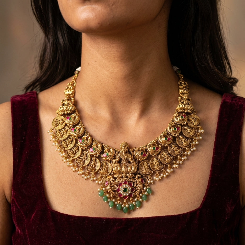 Ruby Green Lakshmi Temple Coin Necklace Set - Model