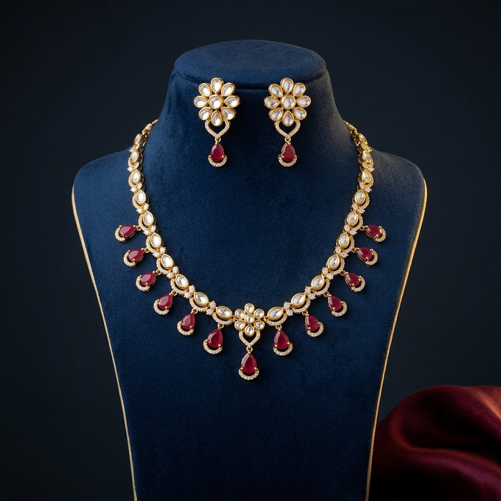 Ruby Red and White Floral Teardrop Necklace Set - Mannequin