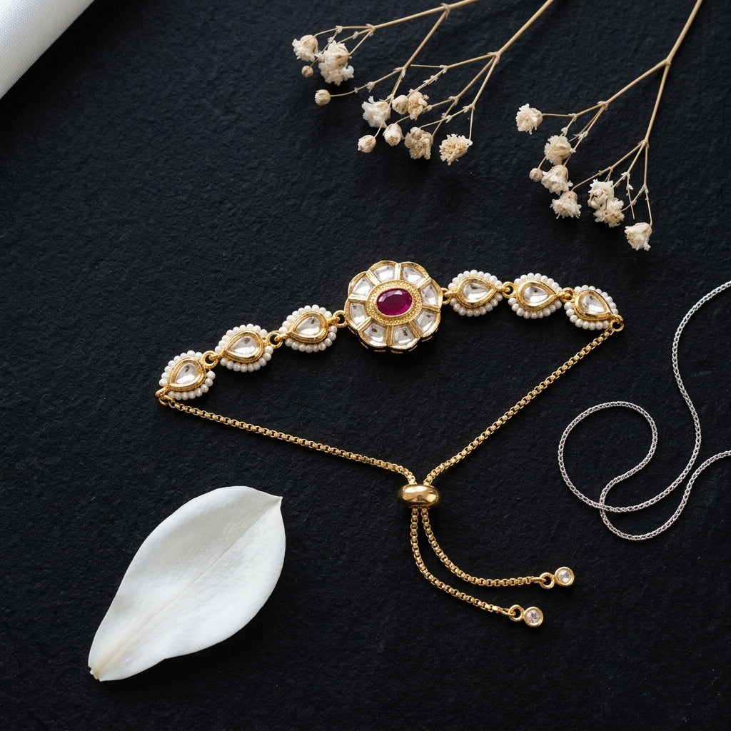 Red and White Ruby Kundan Teardrop Bracelet - Tabletop