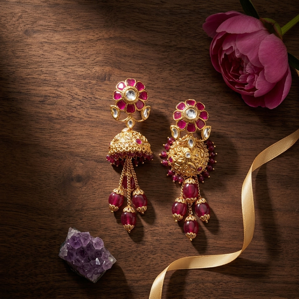 Ruby and Clear Floral Jhumka Earrings - Tabletop