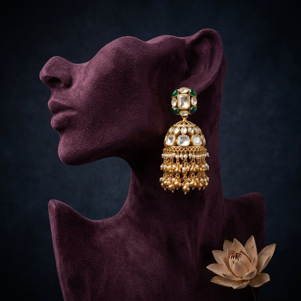 Green Heritage Kundan Jhumka - Mannequin