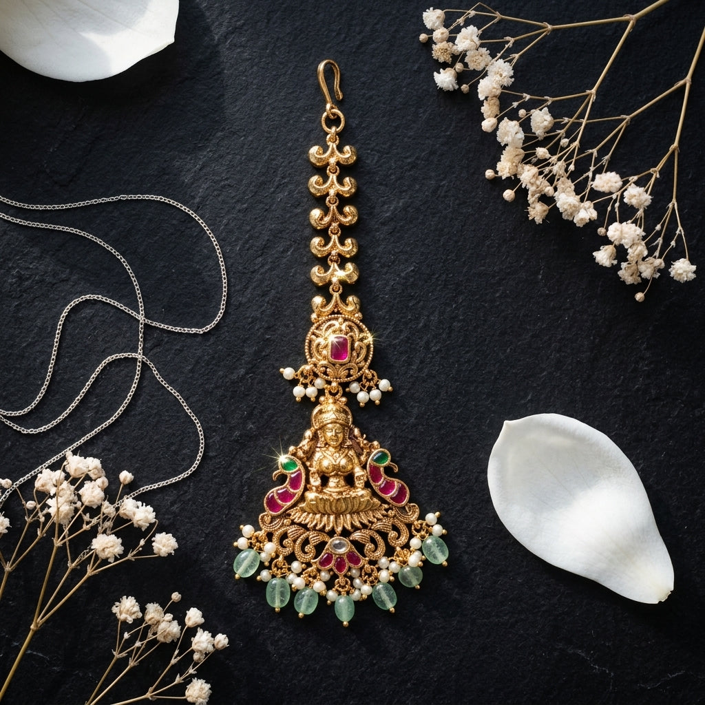 Ruby Green Temple Peacock Maang Tikka - Tabletop