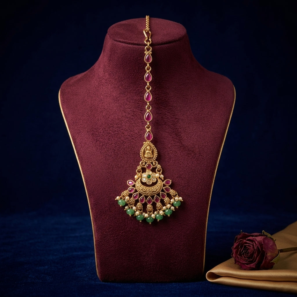 Ruby Green Temple Floral Maang Tikka - Mannequin