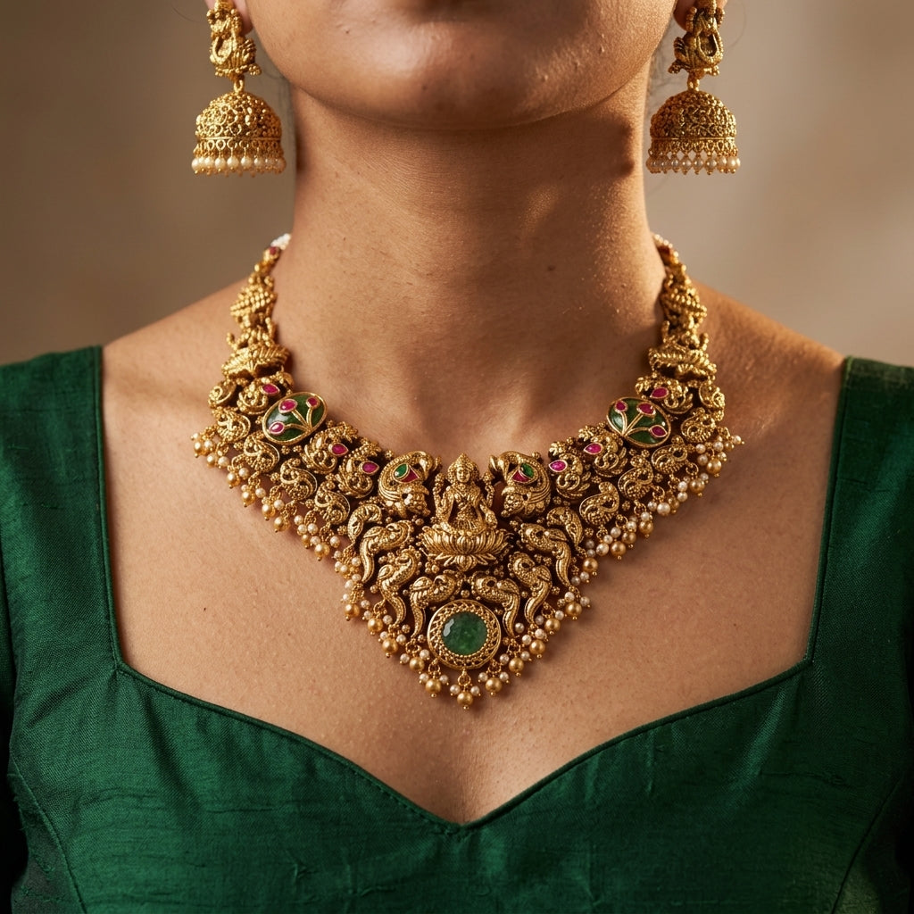 Multi Temple Lakshmi Floral Necklace Set - Model