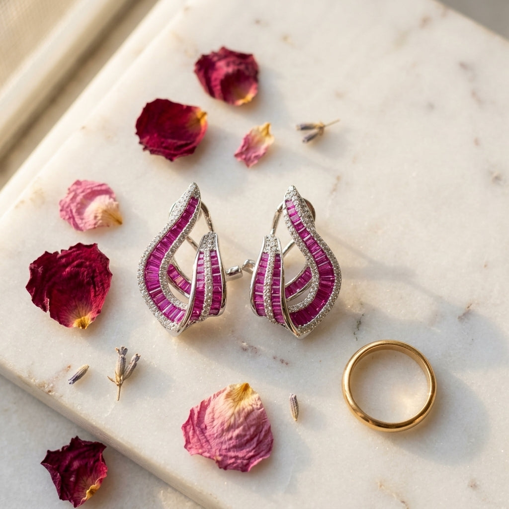 Ruby Wavy Baguette Earrings - Tabletop