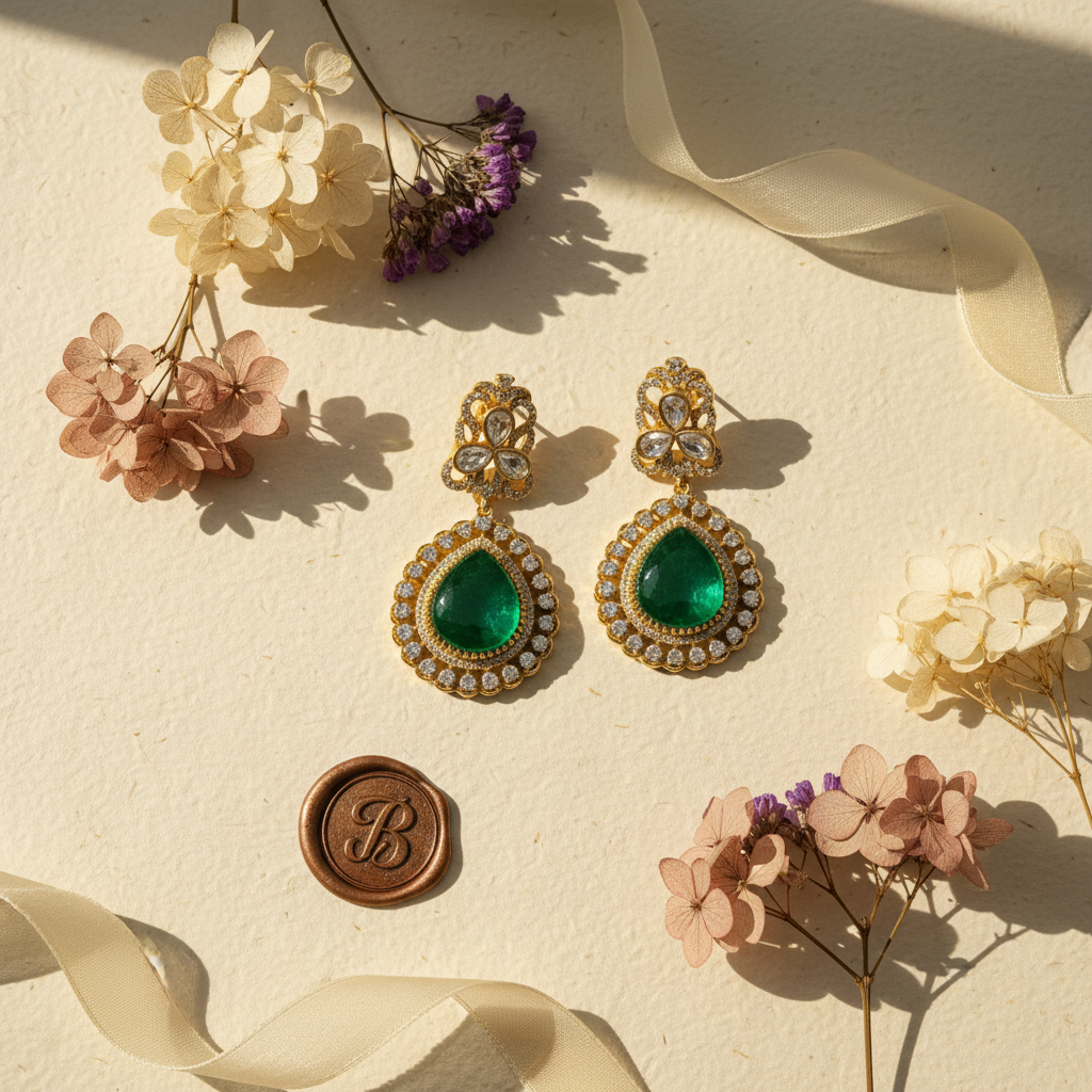 Green Floral Drop Earrings - Tabletop