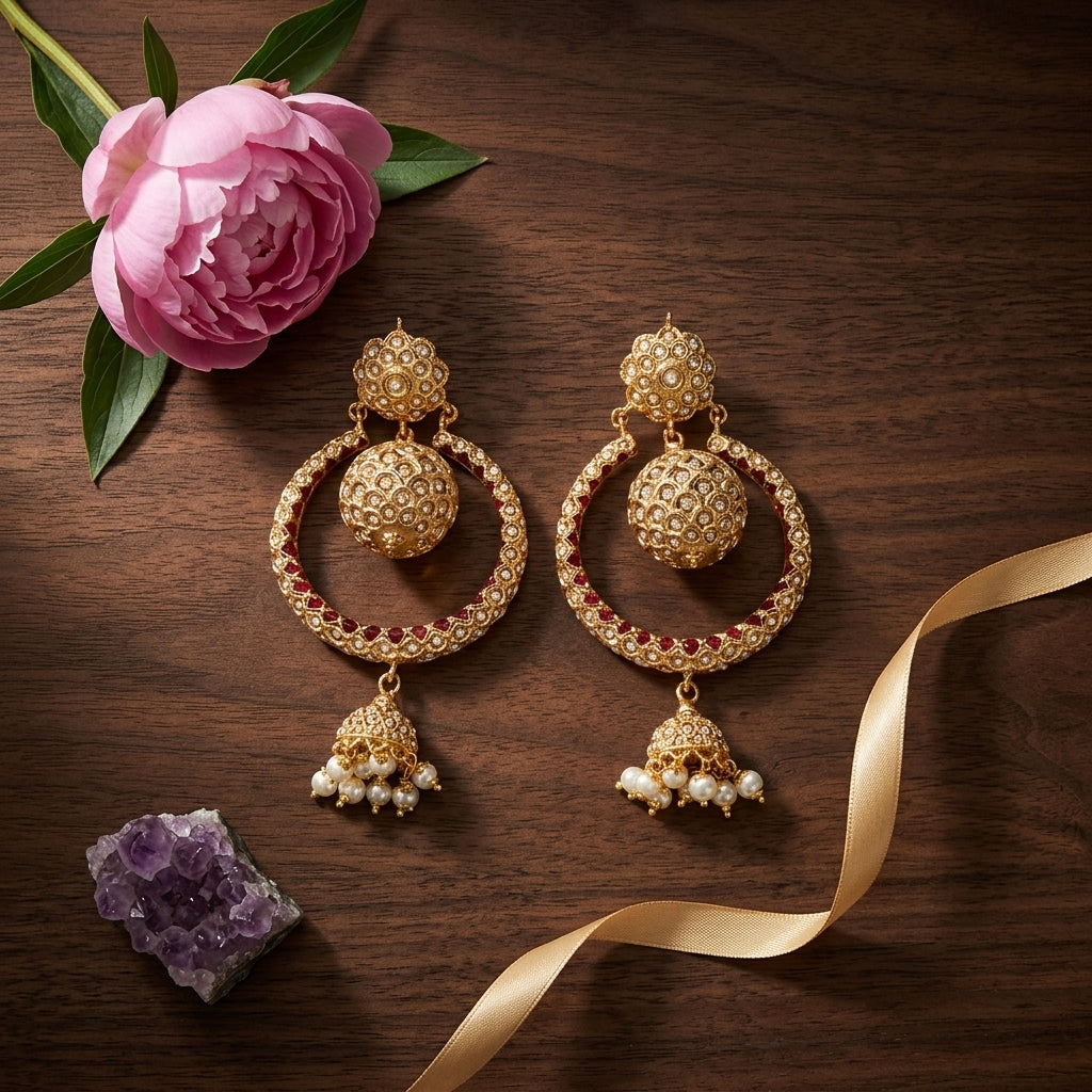 White Jadau Meenakari Jhumka - Tabletop