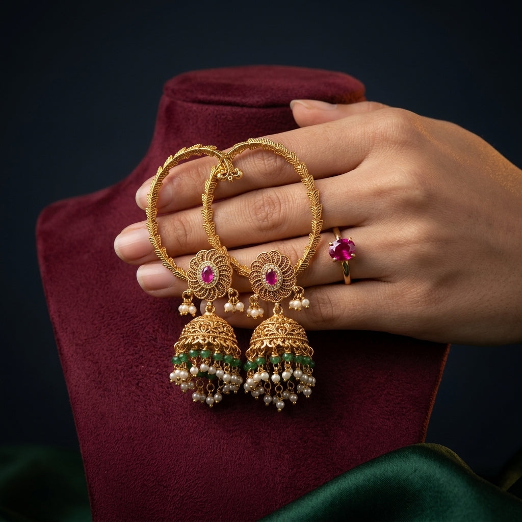 Ruby Floral Jhumka Ear Cuff Earrings - Mannequin