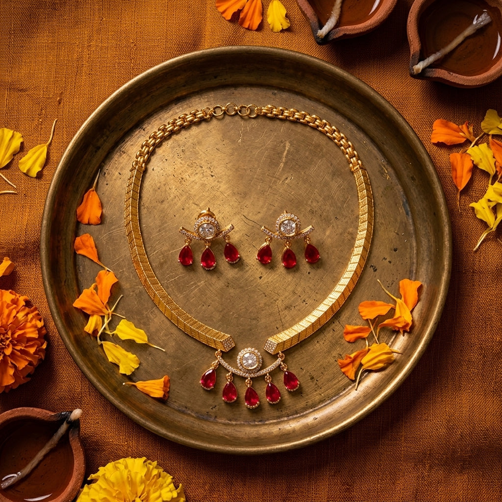 Ruby and Clear Textured Band Cluster Drop Necklace Set - Tabletop