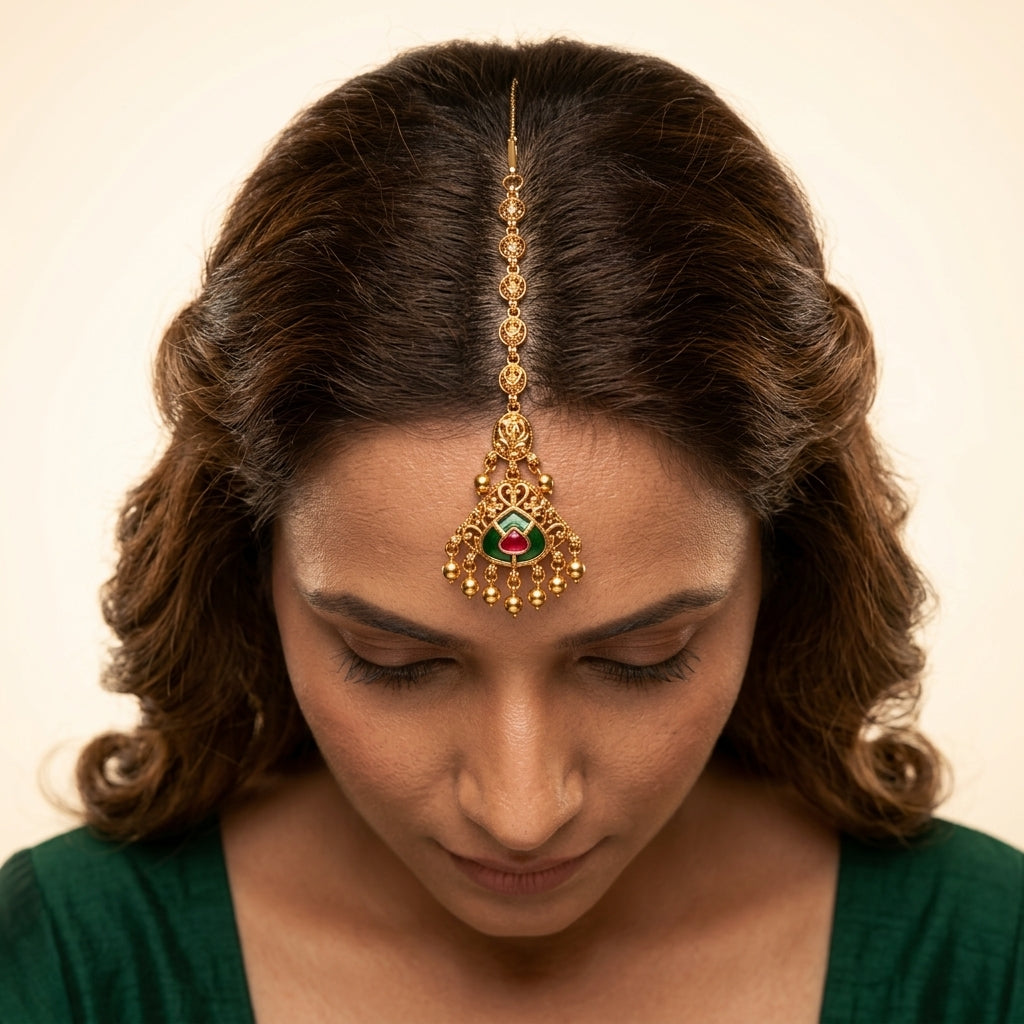 Ruby Green Filigree Floral Maang Tikka - Model