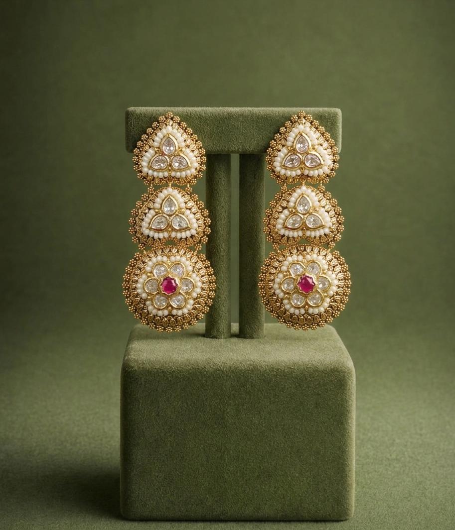 Ruby Red Heritage Kundan Earrings - Model