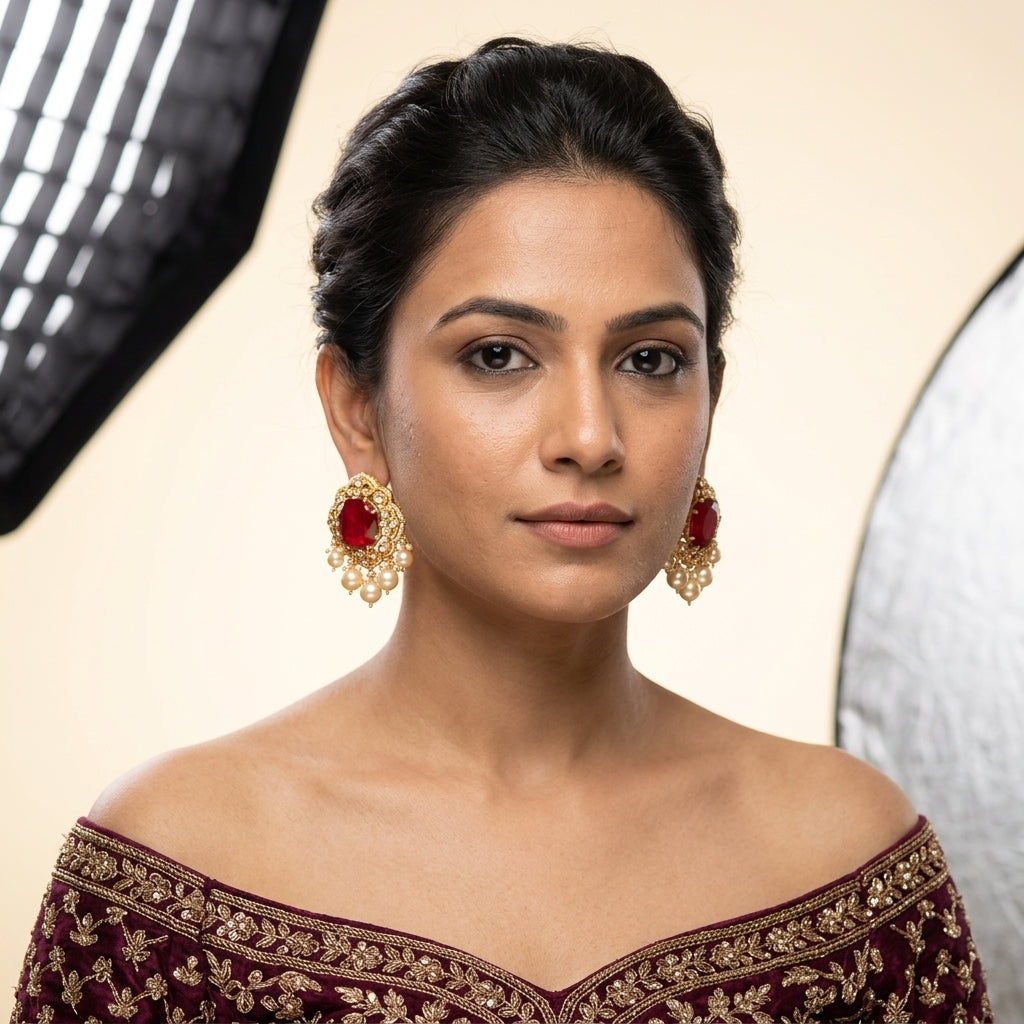 Ruby Red Antique Rajwadi Earrings - Model