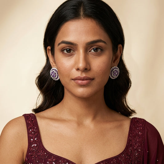 Purple White Modern Cluster Earrings - Model