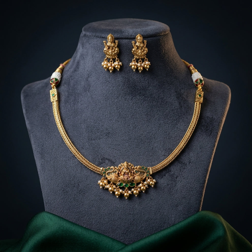 Green and White Goddess Peacock Necklace Set - Mannequin