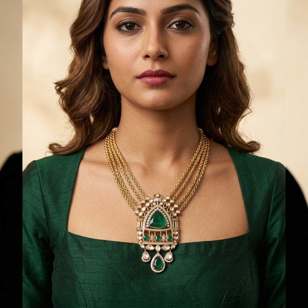 Green Heritage Kundan Necklace Set - Model