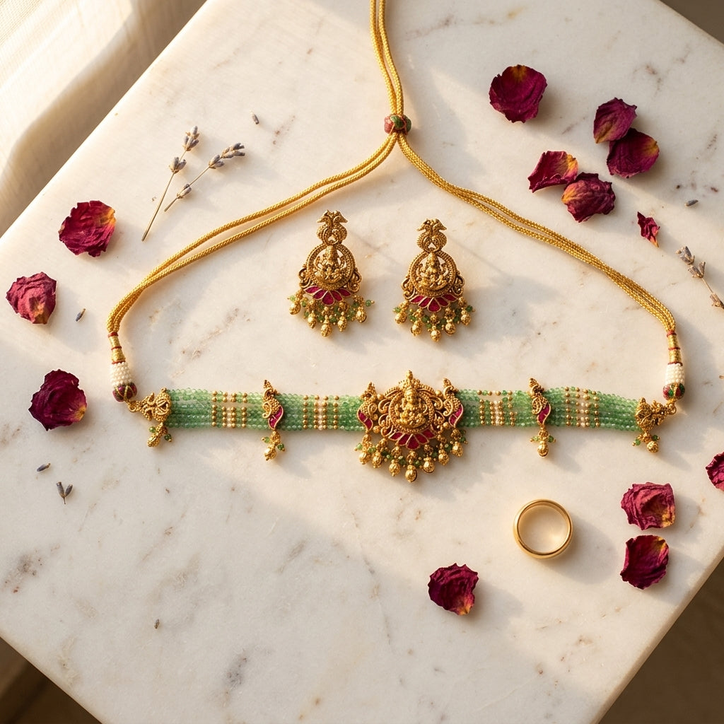 Ruby Green Temple Peacock Choker Set - Tabletop