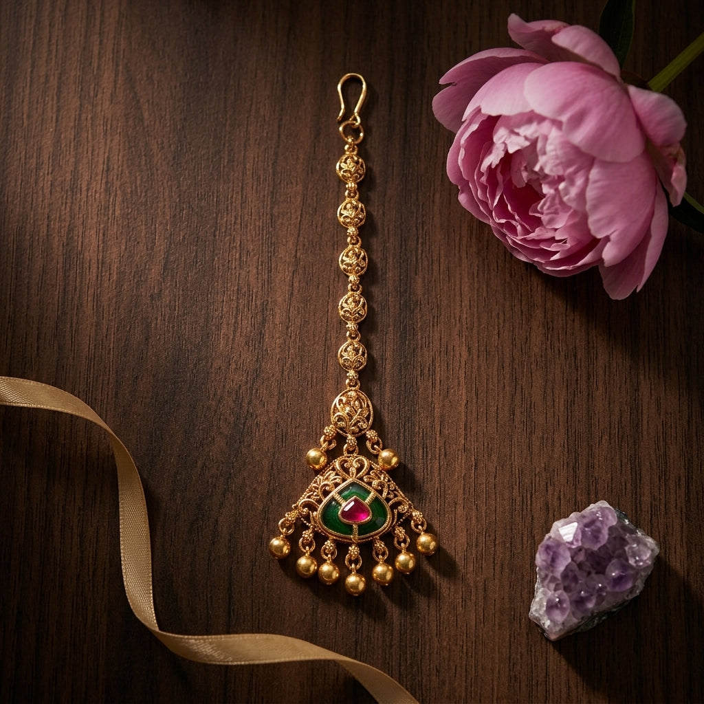 Ruby Green Filigree Floral Maang Tikka - Tabletop