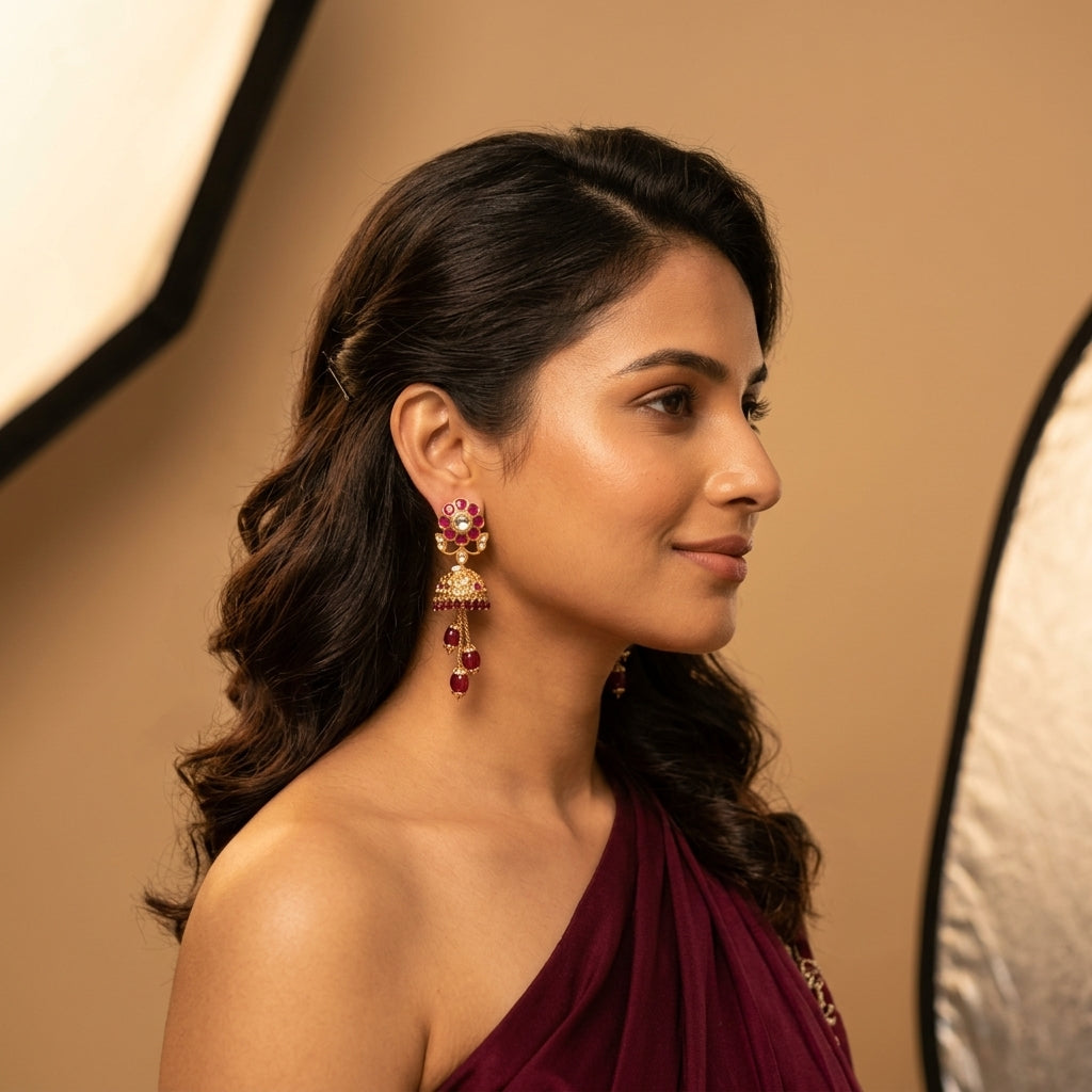Ruby and Clear Floral Jhumka Earrings - Model